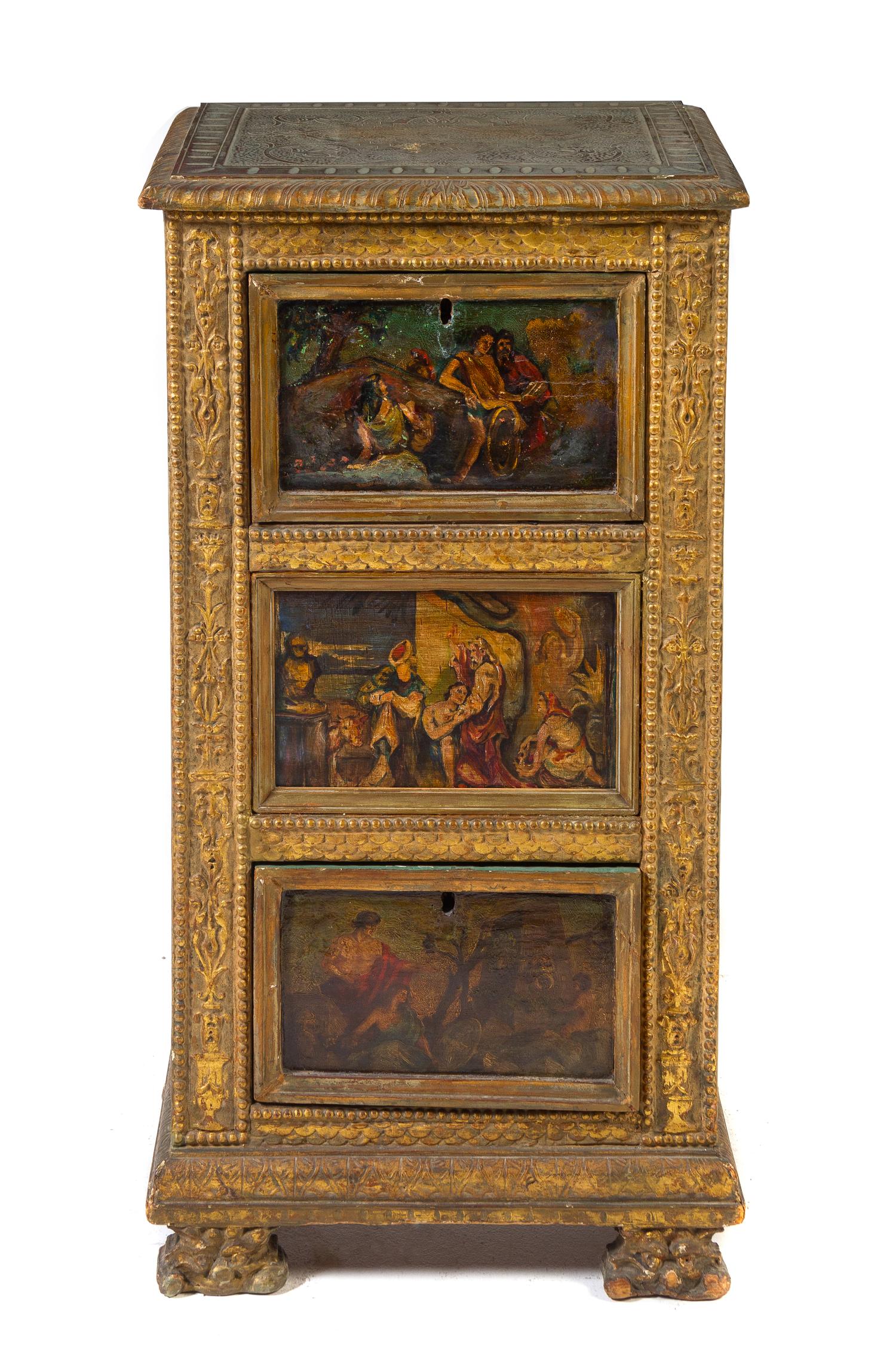 An Italian Painted Giltwood Chest of Drawers Height 38 1/2 x width 20 x depth 16 inches. — 19TH CENTURY