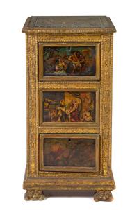 An Italian Painted Giltwood Chest of Drawers Height 38 1/2 x width 20 x depth 16 inches. — 19TH CENTURY