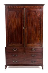 A George III Mahogany Linen Press, EARLY 19TH CENTURY, Height 84 x width 49 x depth 24 1/4 inches. — EARLY 19TH CENTURY,