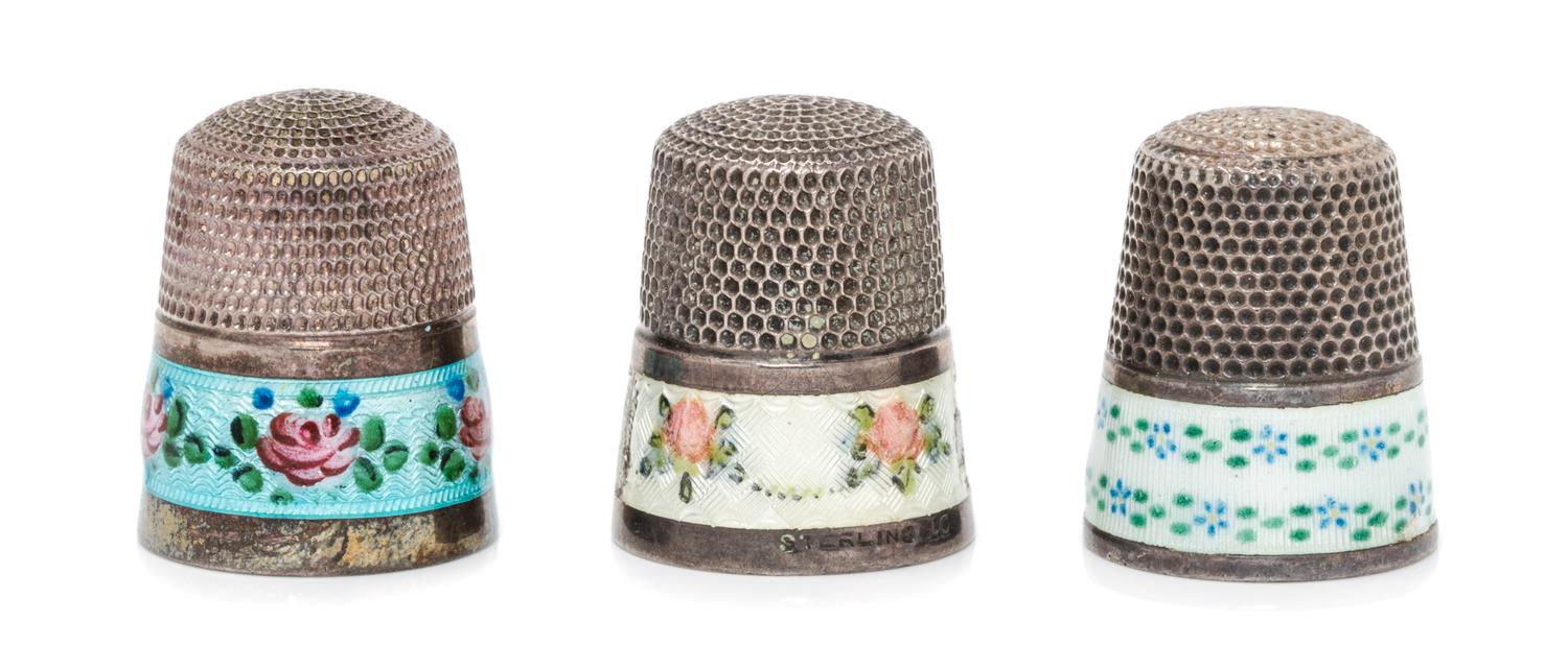 A Group of Three American Silver and Enamel Thimbles, Various Makers, each having a knurled top and body above a guilloche enamel band