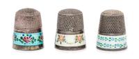A Group of Three American Silver and Enamel Thimbles, Various Makers, each having a knurled top and body above a guilloche enamel band