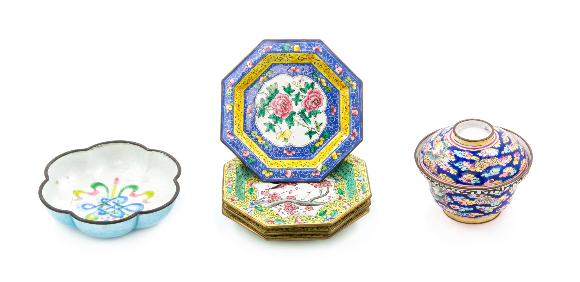 Six Chinese Enamel on Copper Articles Height of cup with lid 3 1/4 inches. — LATE QING DYNASTY
