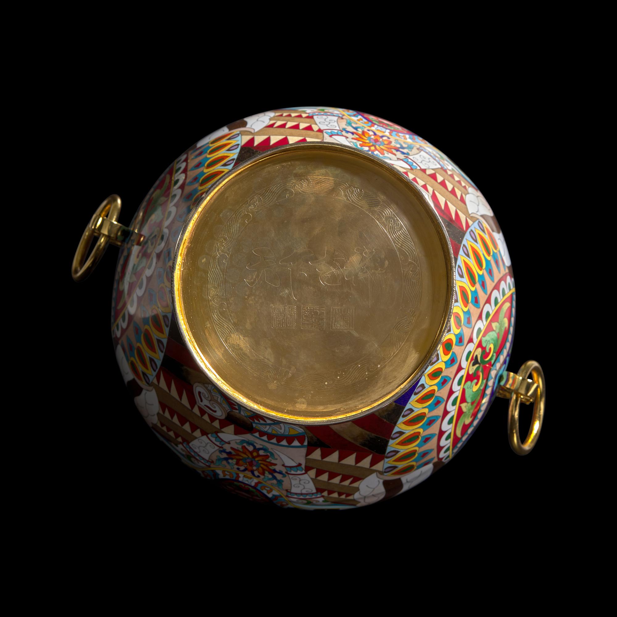 A Massive Chinese Interior-Painted Glass and Cloisonné Enamel Gourd-Form "Snuff Bottle" Ornament by Wang Xisan (b. 1938) and Zhang Tonglu (b. 1942)