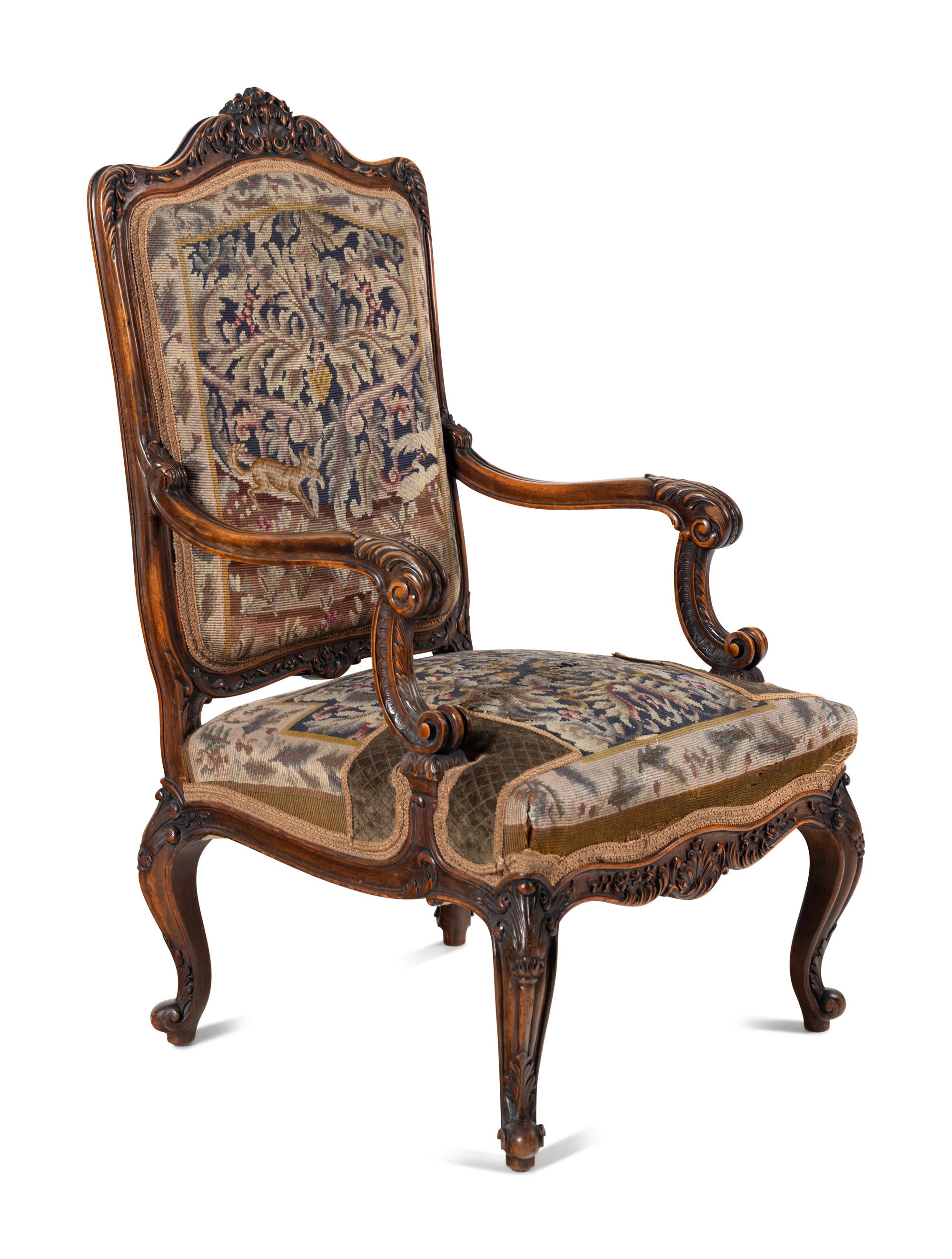 A Pair Louis XV Style Carved Walnut Fauteuils