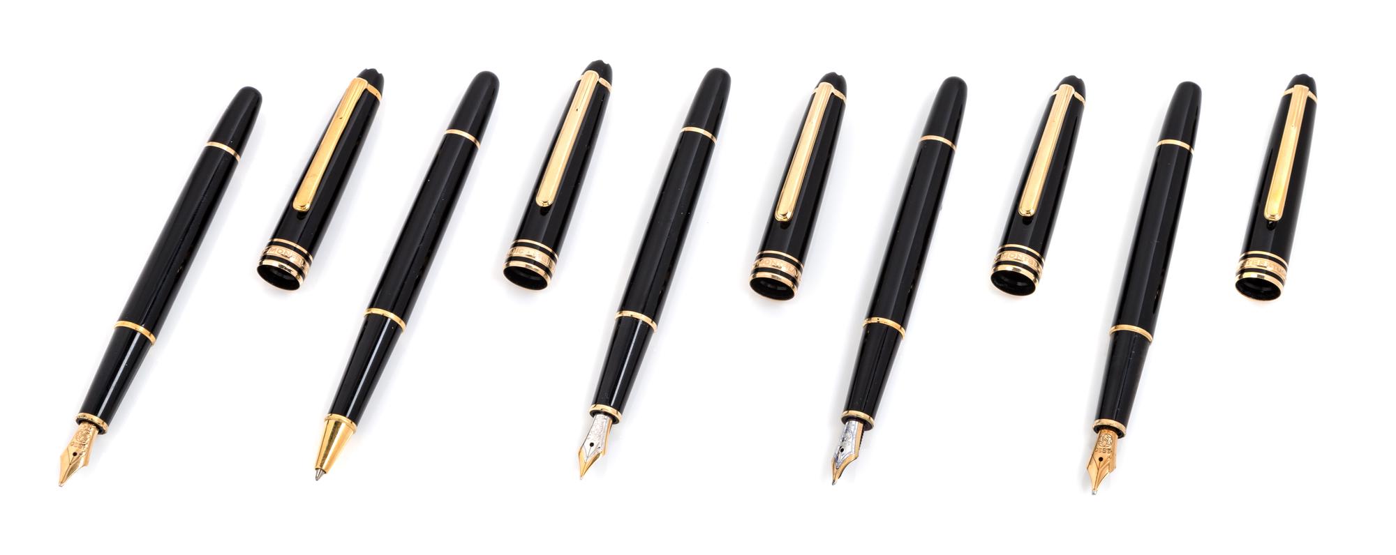 A Collection of Five Montblanc Meisterstuck Writing Instruments Length 5 1/8 inches.