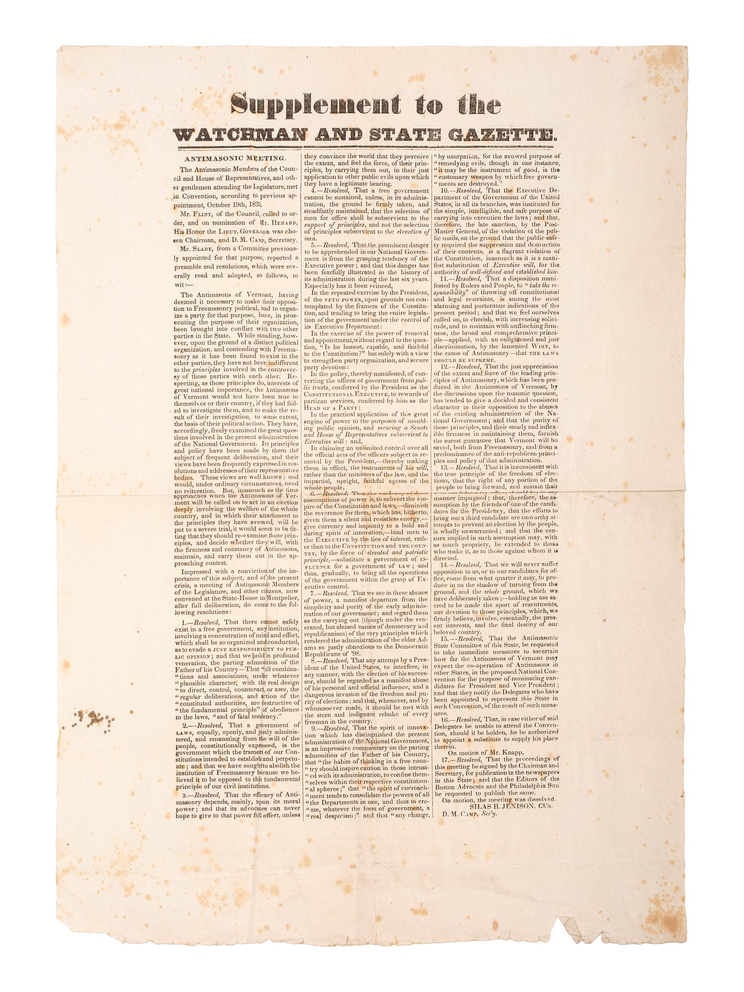 [POLITICS IN AMERICA -- ANTI-MASONIC PARTY]. A pair of broadsides supporting the Anti-Masonic Party, 1830s.