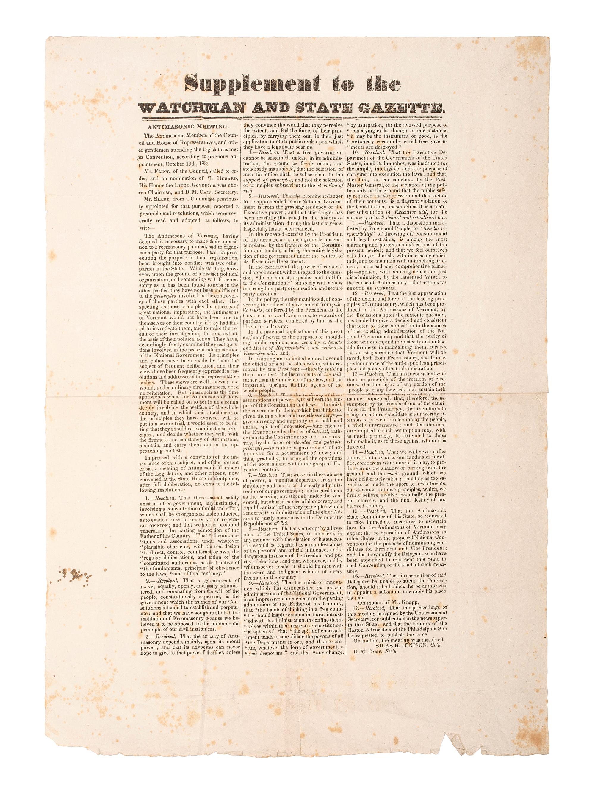 [POLITICS IN AMERICA -- ANTI-MASONIC PARTY]. A pair of broadsides supporting the Anti-Masonic Party, 1830s.