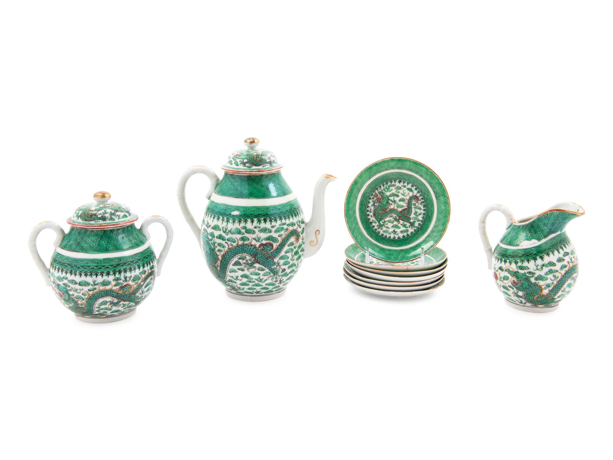 Ten Chinese Green Enameled Porcelain Tea Wares