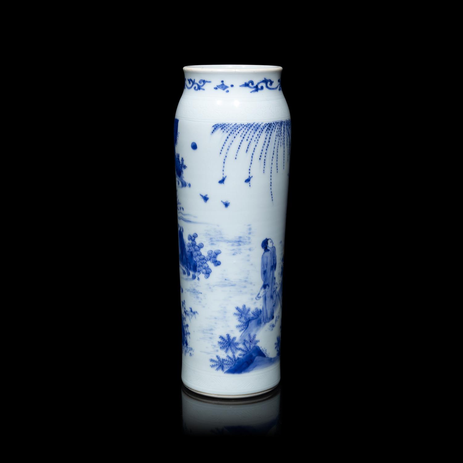 A Chinese Blue and White Porcelain Cylindrical Vase, Transitional Period, 17th Century 明末清初 青花人物故事圖筒瓶