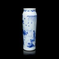 A Chinese Blue and White Porcelain Cylindrical Vase, Transitional Period, 17th Century 明末清初 青花人物故事圖筒瓶