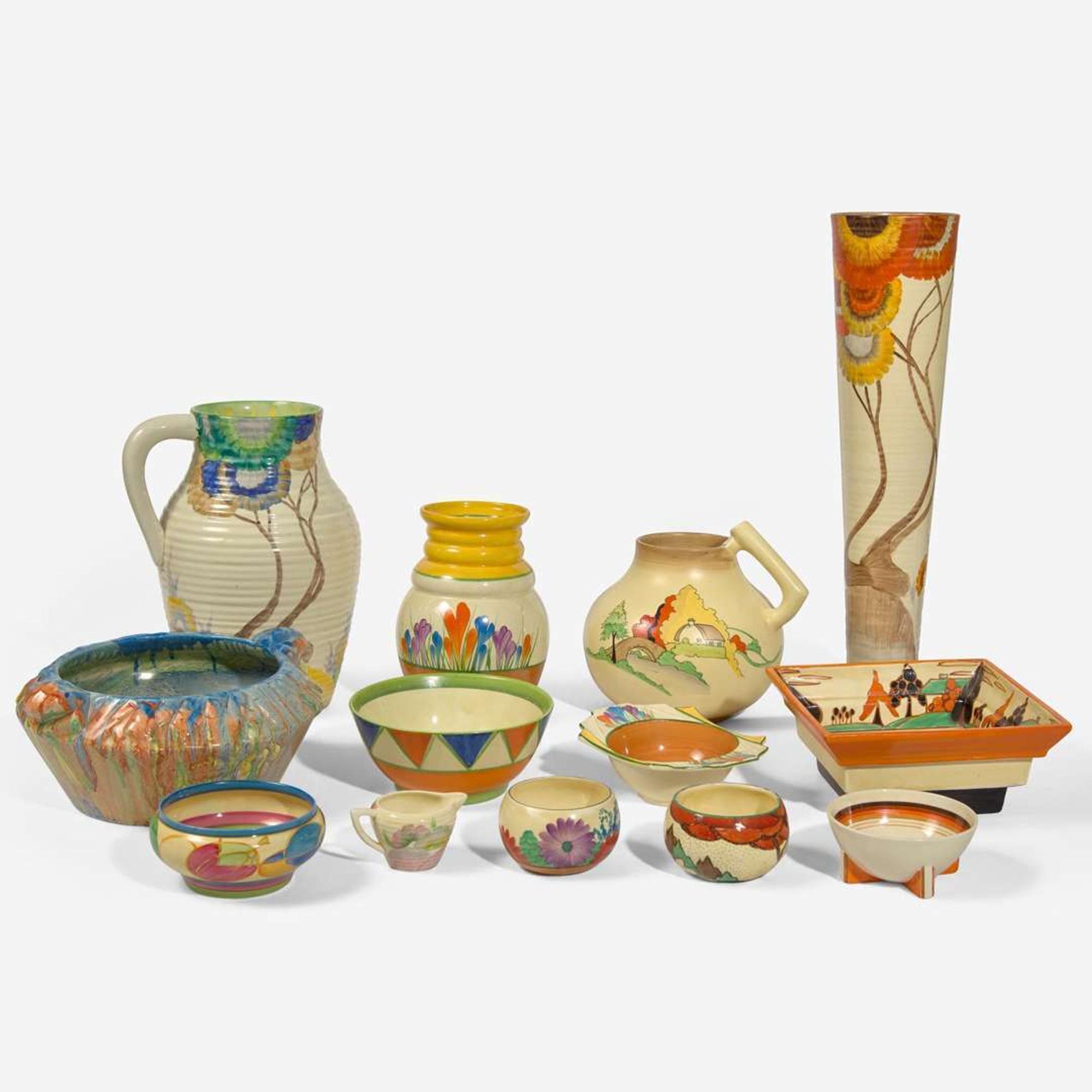Clarice Cliff (English, 1899-1972) Group of "Bizarre" and "Fantasque" Art Deco Pottery, UK, 1920s-1930s