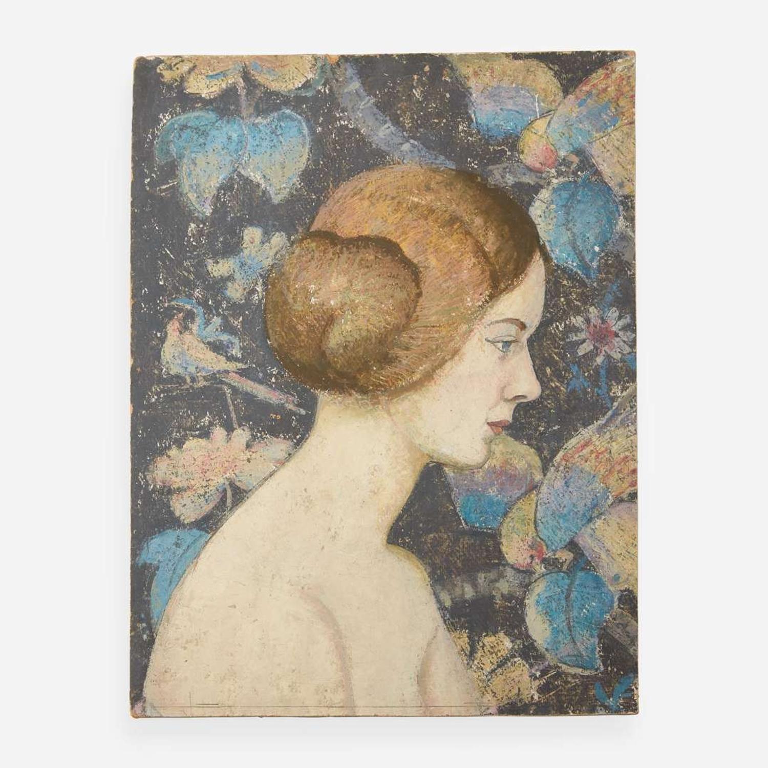 Emma Fordyce MacRae (American, 1887–1974) Girl in Profile Against a Blue Tapestry; with Portrait Study verso