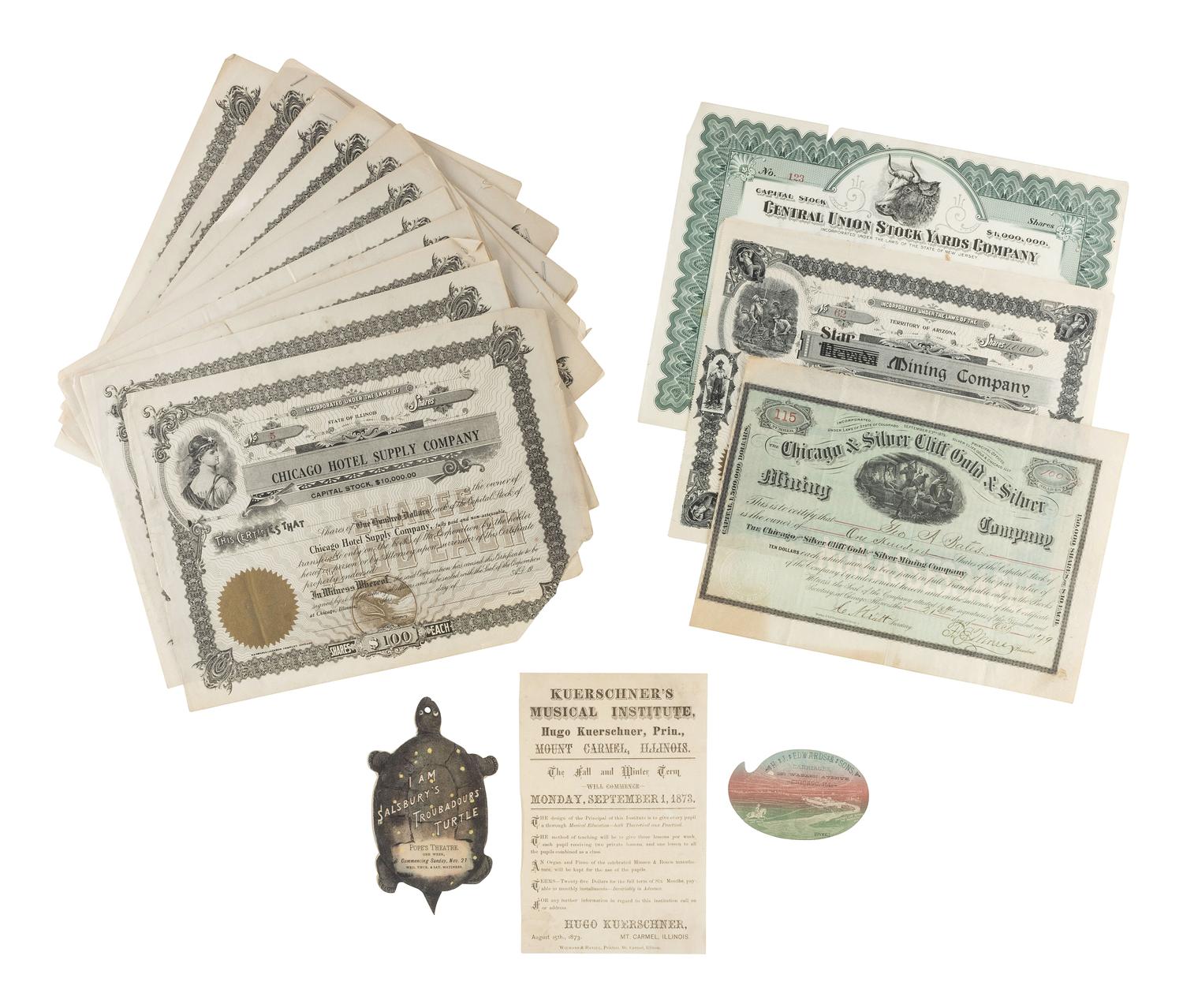 [ADVERTISING]. A group of 19th-century advertisements, stock certificates, and miscellaneous ephemera.