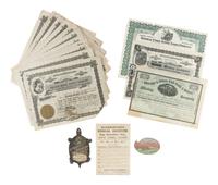 [ADVERTISING]. A group of 19th-century advertisements, stock certificates, and miscellaneous ephemera.