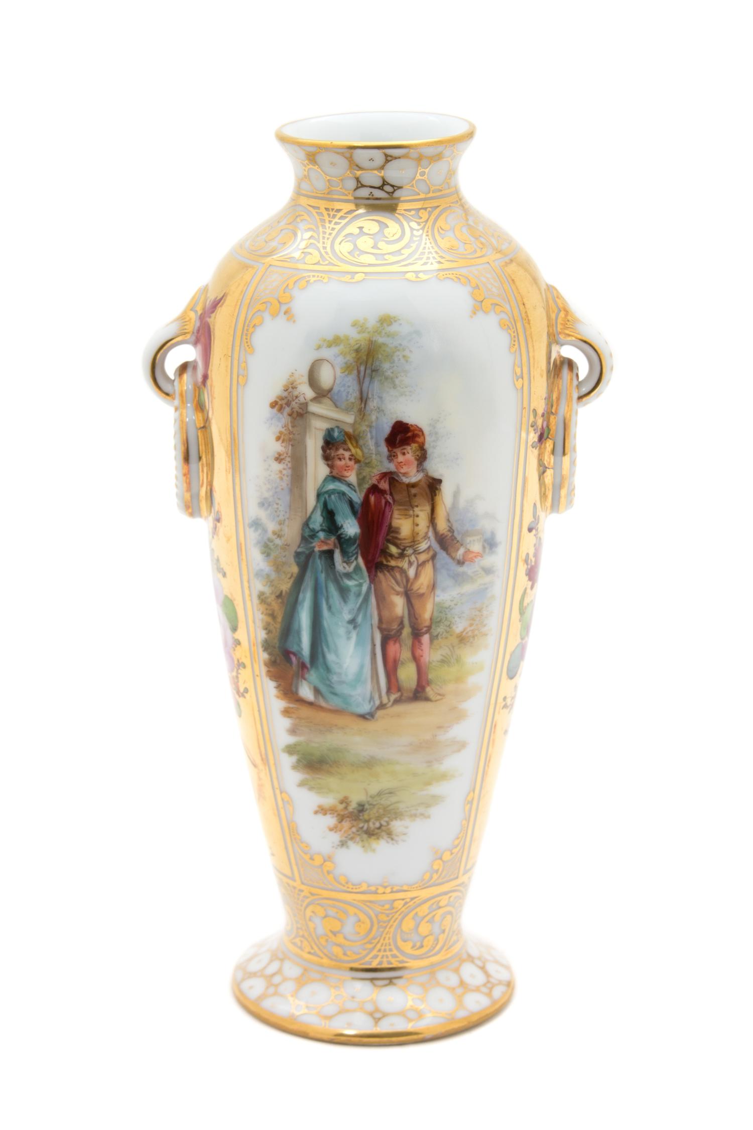 A Dresden Polychrome and Gilt Decorated Vase Height 9 x width 4 x depth 4 inches. — 20TH CENTURY