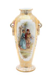 A Dresden Polychrome and Gilt Decorated Vase Height 9 x width 4 x depth 4 inches. — 20TH CENTURY