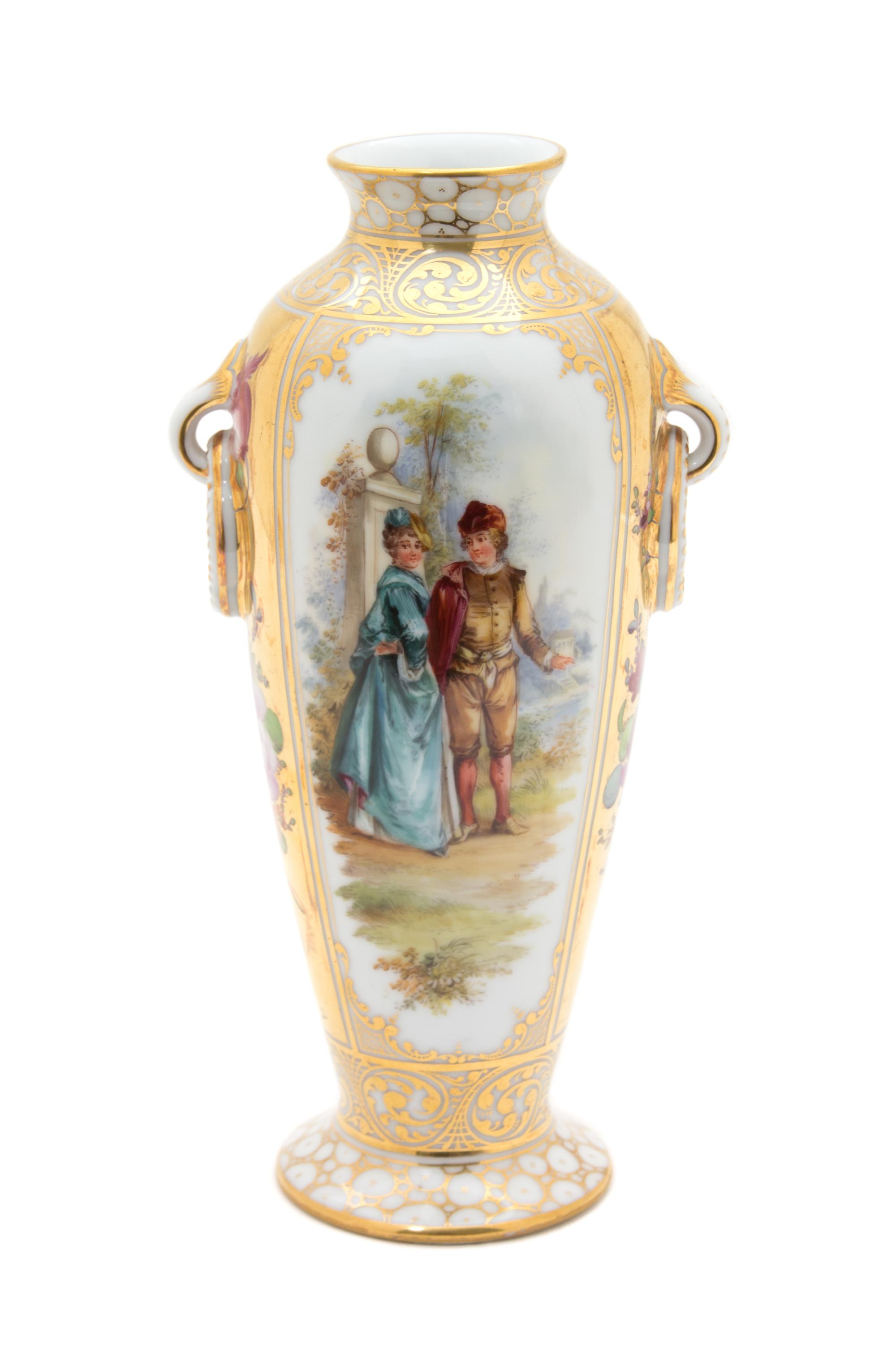 A Dresden Polychrome and Gilt Decorated Vase Height 9 x width 4 x depth 4 inches. — 20TH CENTURY