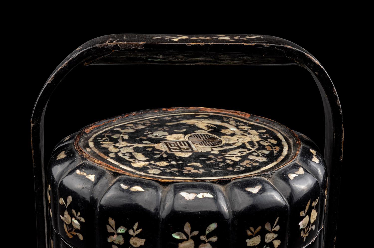 A Chinese Mother-of-Pearl Inlaid Black Lacquer Two-Tier Food Basket, Tihe