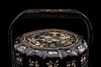 A Chinese Mother-of-Pearl Inlaid Black Lacquer Two-Tier Food Basket, Tihe