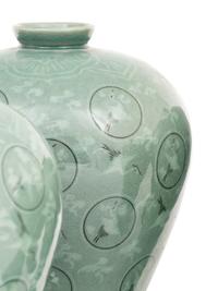 Six Korean Celadon Glazed Porcelain 'Crane and Cloud' Maebyong Vases