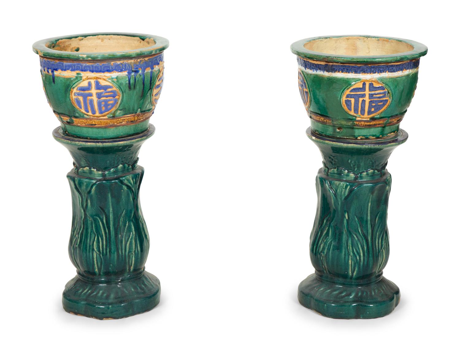 A Pair of Italian Glazed Terracotta Jardinières on Pedestals