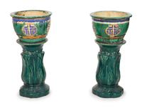 A Pair of Italian Glazed Terracotta Jardinières on Pedestals