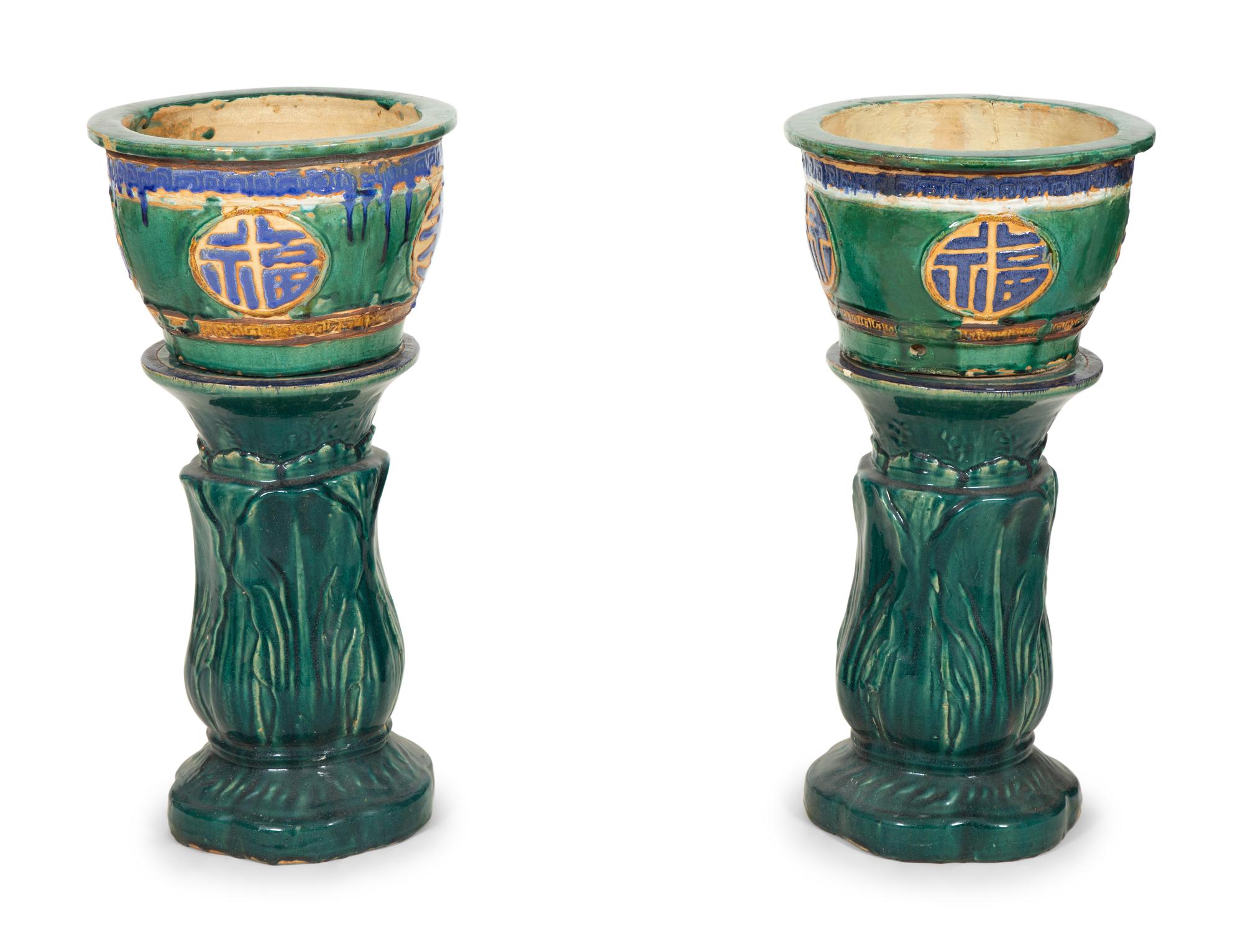 A Pair of Italian Glazed Terracotta Jardinières on Pedestals