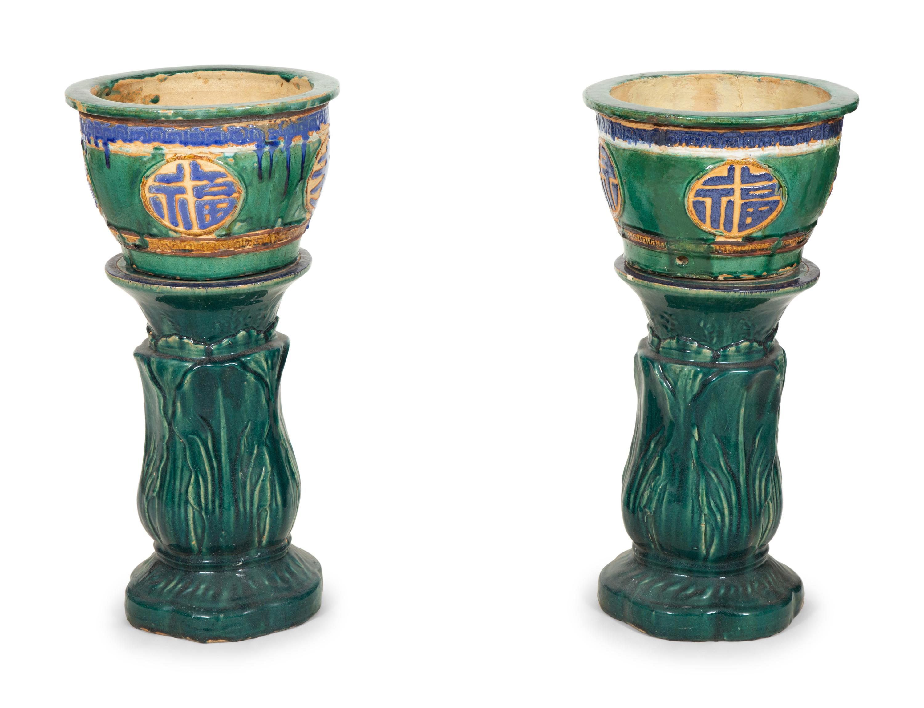 A Pair of Italian Glazed Terracotta Jardinières on Pedestals