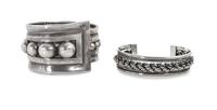 Two Mexican Silver Bracelets Length of first 7 3/4 x width 1 5/8 inches.