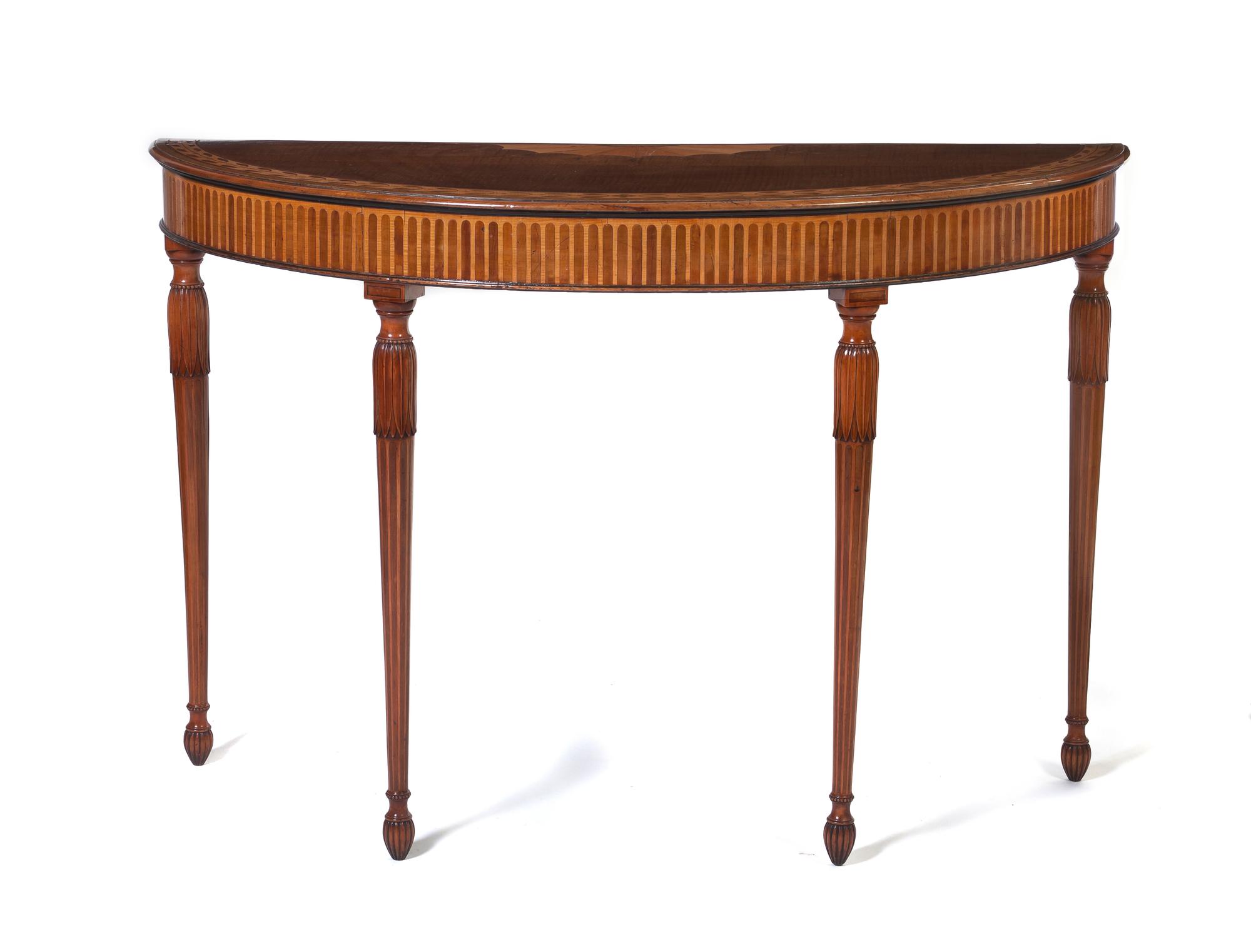 A Hepplewhite Sycamore Marquetry Console Table, Height 32 x width 47 3/4 x depth 17 5/8 inches.