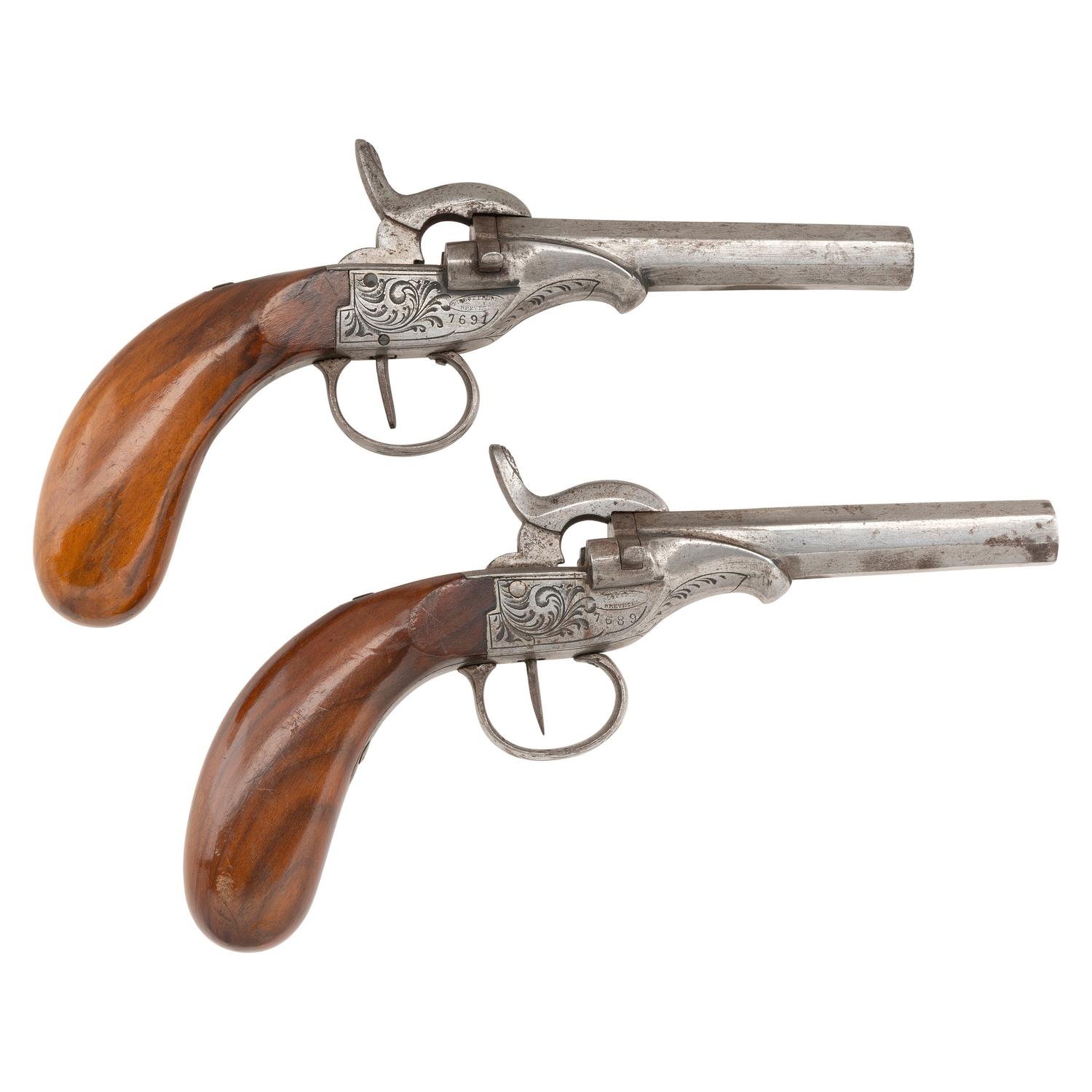 Pair of Single Shot Belgian Pin Fire Pistols by Pirlot Freres