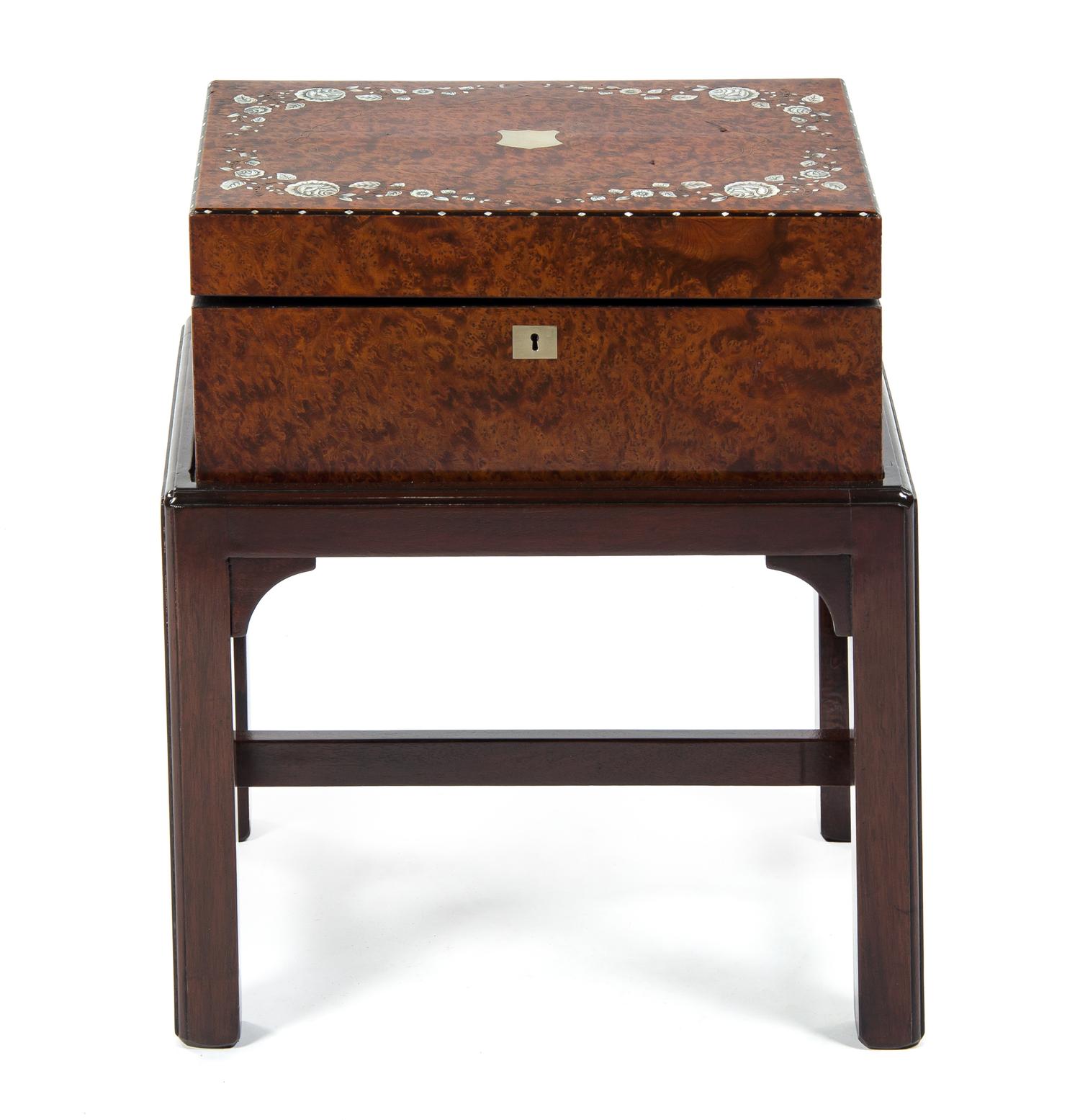 A George IV Mother-of-Pearl Inlaid Burl Walnut and Rosewood Lap Desk, Height 21 x width 17 1/2 x depth 12 1/2 inches.