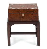 A George IV Mother-of-Pearl Inlaid Burl Walnut and Rosewood Lap Desk, Height 21 x width 17 1/2 x depth 12 1/2 inches.