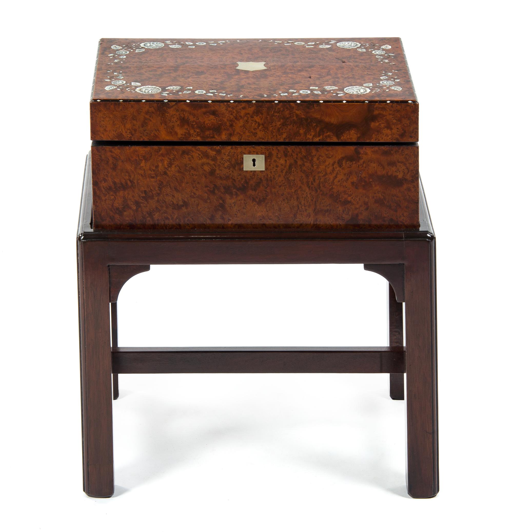 A George IV Mother-of-Pearl Inlaid Burl Walnut and Rosewood Lap Desk, Height 21 x width 17 1/2 x depth 12 1/2 inches.