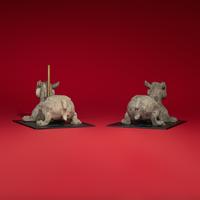 A Rare Chinese Painted Earthenware Chimera and Chimes Set, Qing and Bixie, Western Han Dynasty — 西漢 灰陶編磬一組連辟邪座