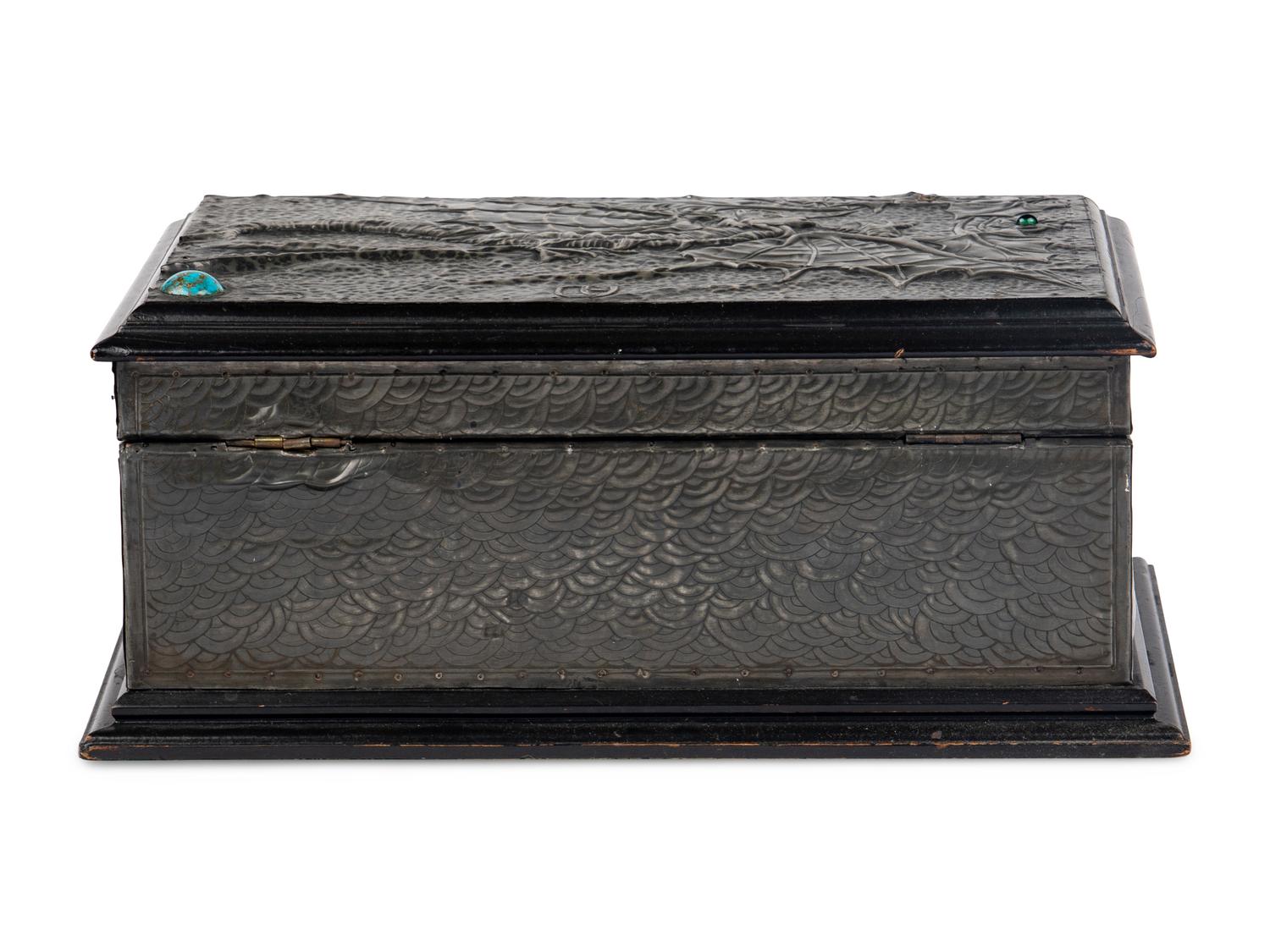A Repousse Metal and Cabochon-Inset Humidor
