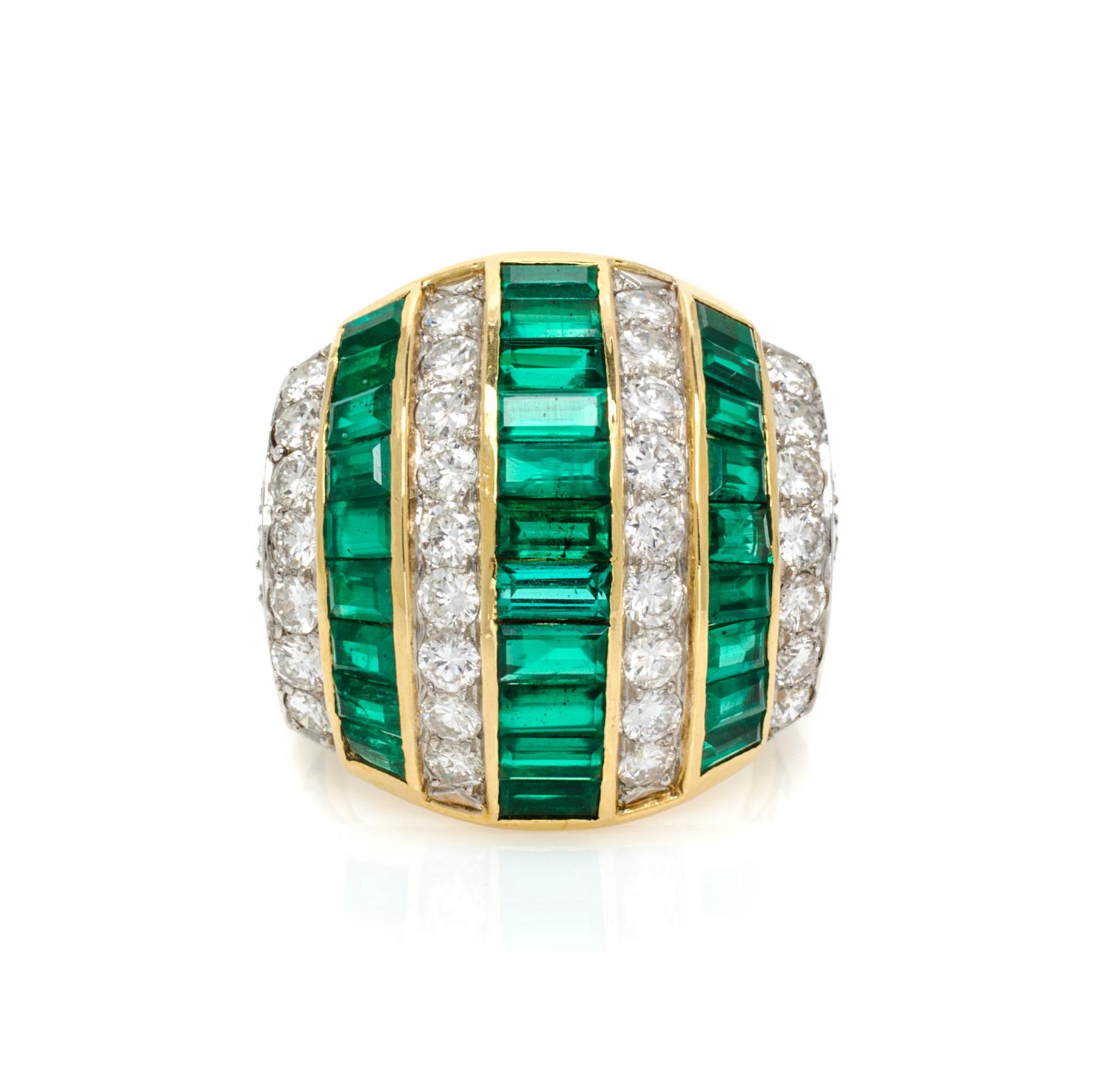 An 18 Karat Yellow Gold, Platinum, Emerald and Diamond Bombe Ring, Ruser, 9.00 dwts.