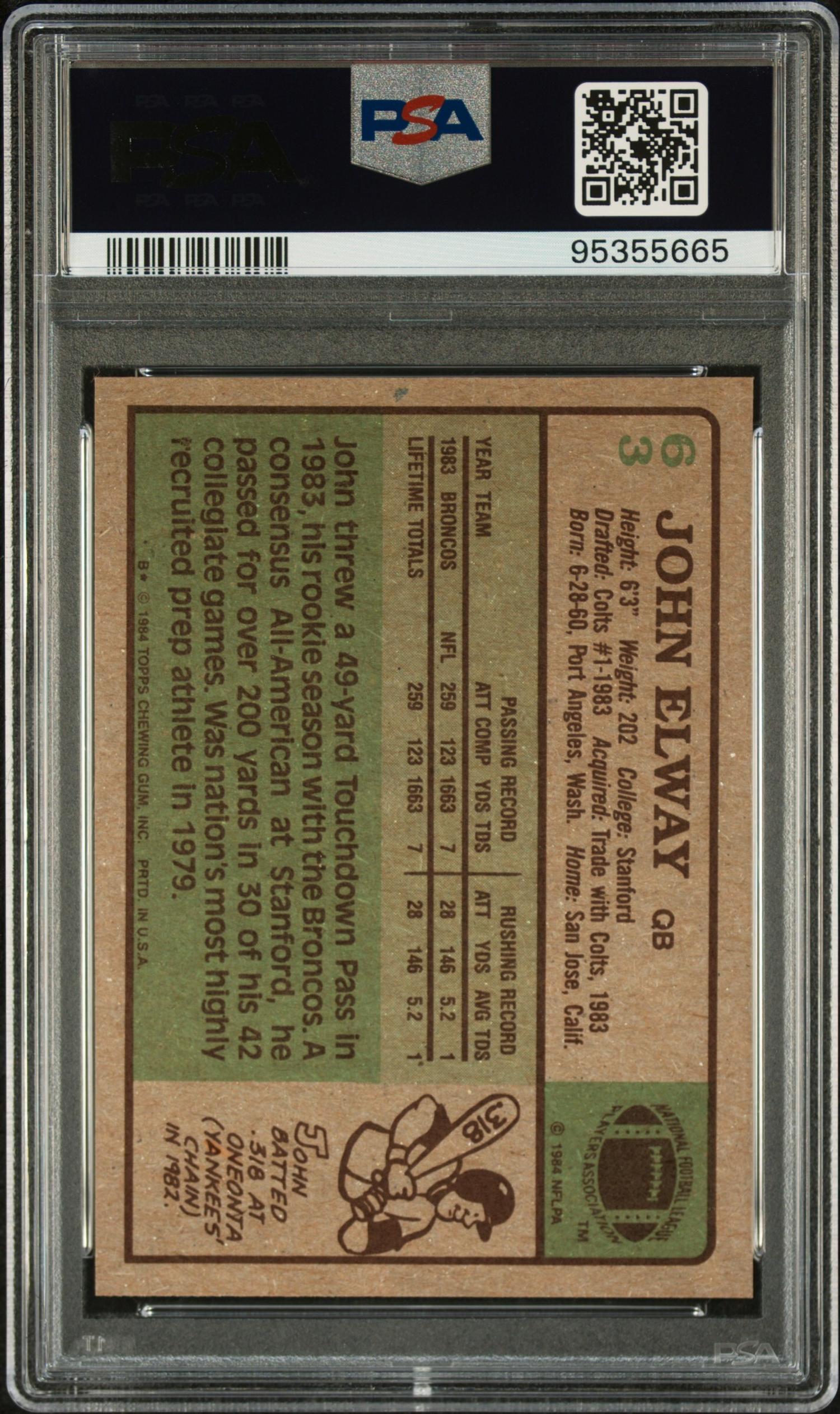 A 1984 Topps John Elway Rookie Football Card No. 53 (PSA 9 MINT)