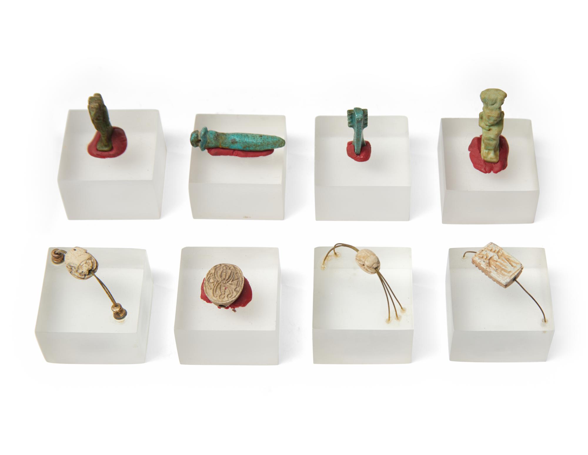 A Group of 10 Egyptian Faience Amulets and Scarabs