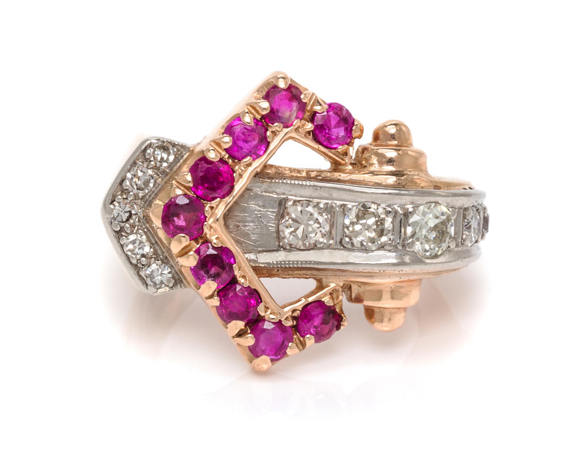 A Retro Platinum Topped Rose Gold, Ruby and Diamond Ring, 3.90 dwts.
