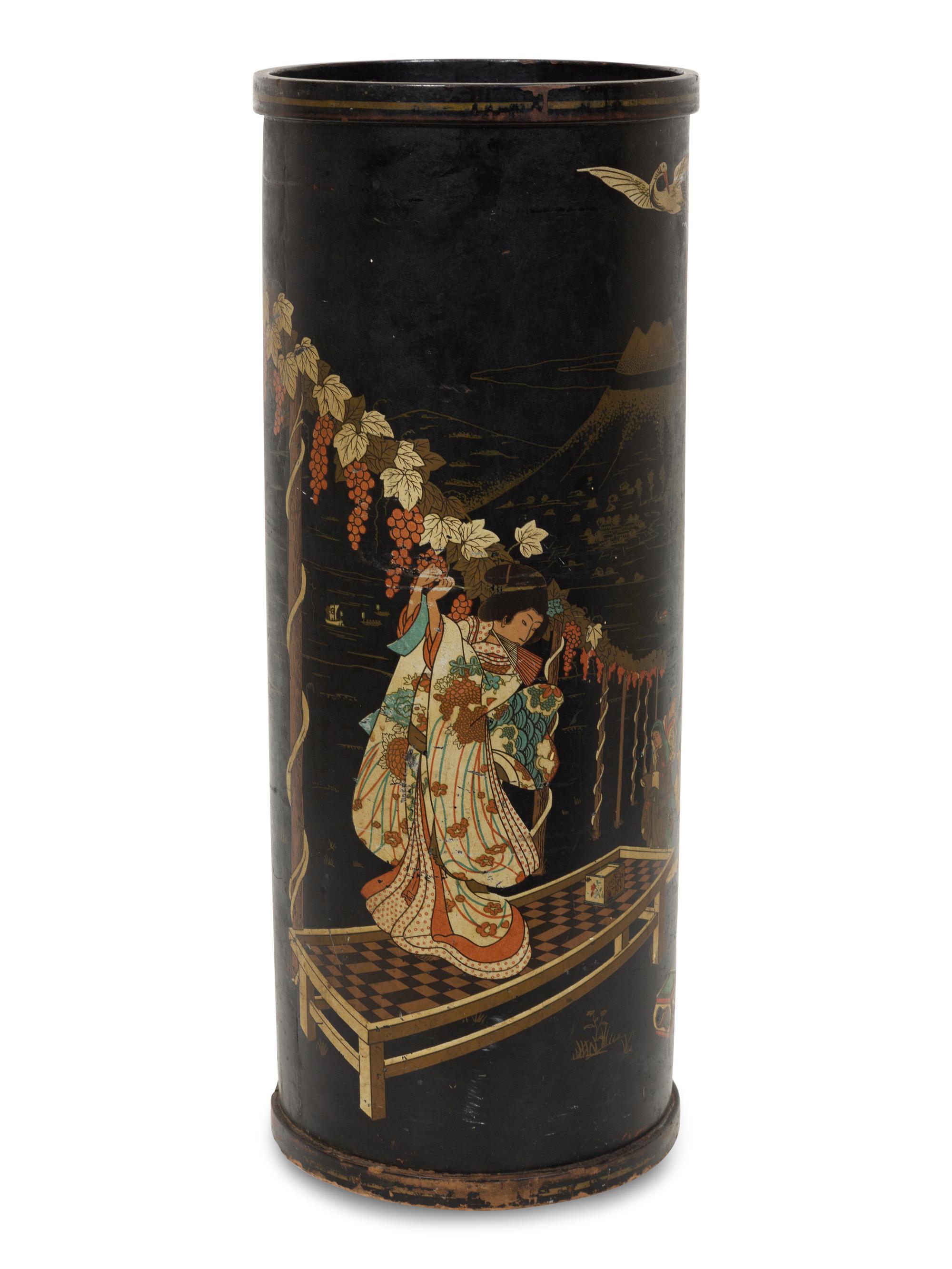 A Japanese Black and Polychrome Lacquer Umbrella Jar