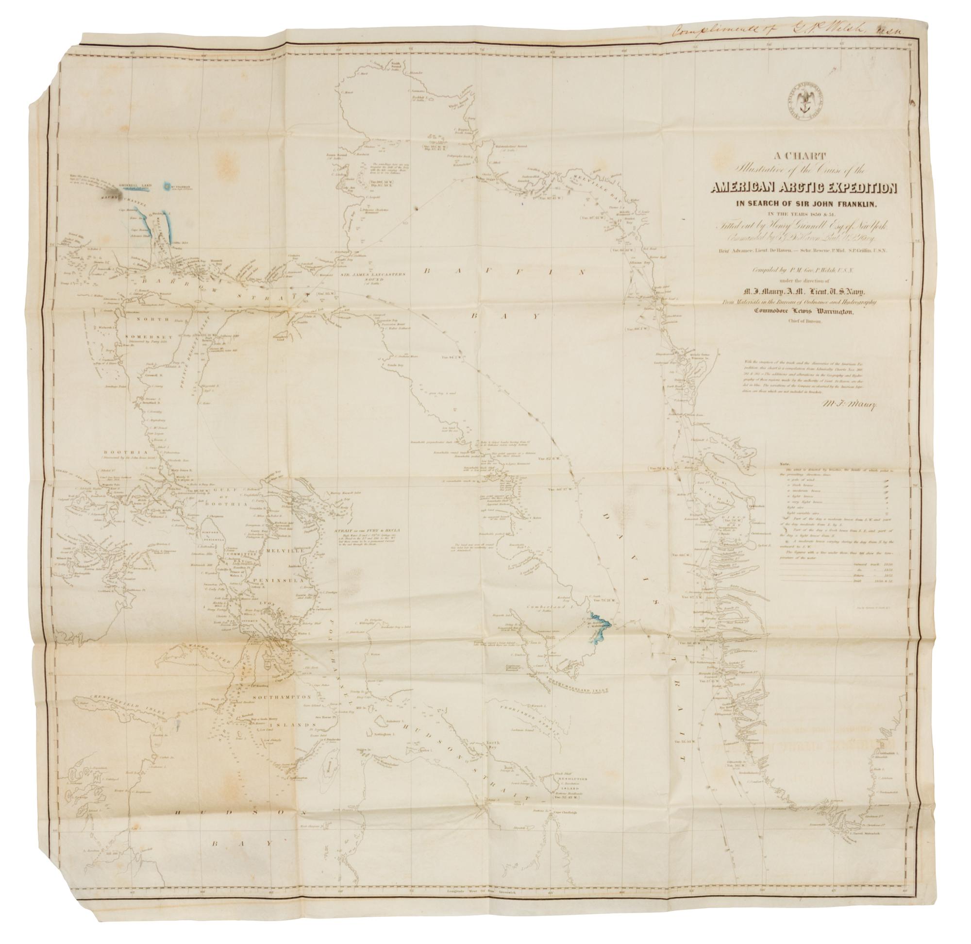 MAURY, Matthew Fontaine. A Chart...of the Cruise of the American Arctic Expedition in search of Sir John Franklin. Wash., D.C., ca 1851