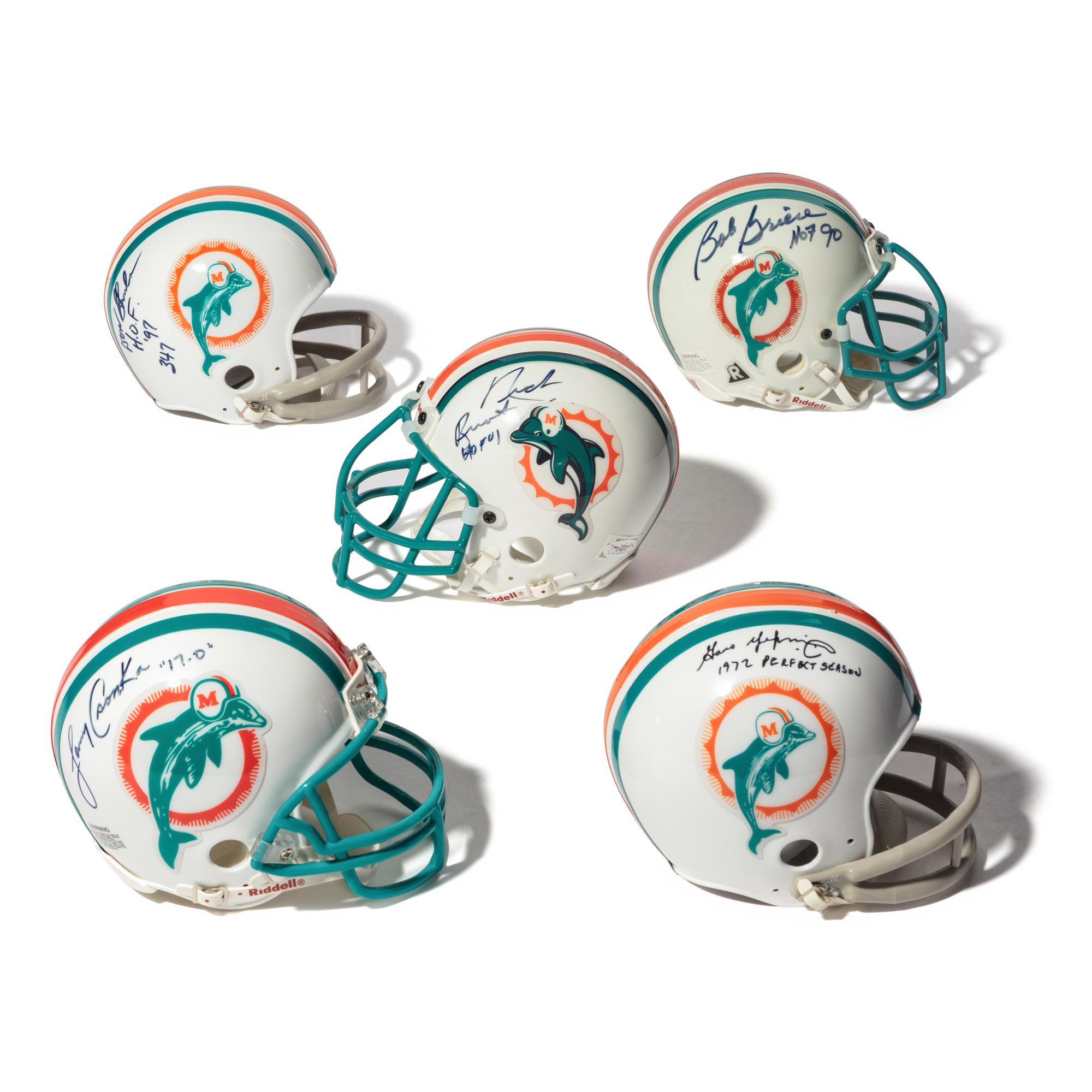 A Collection of Miami Dolphins Hall of Fame and Notables Signed Autograph Mini Helmets