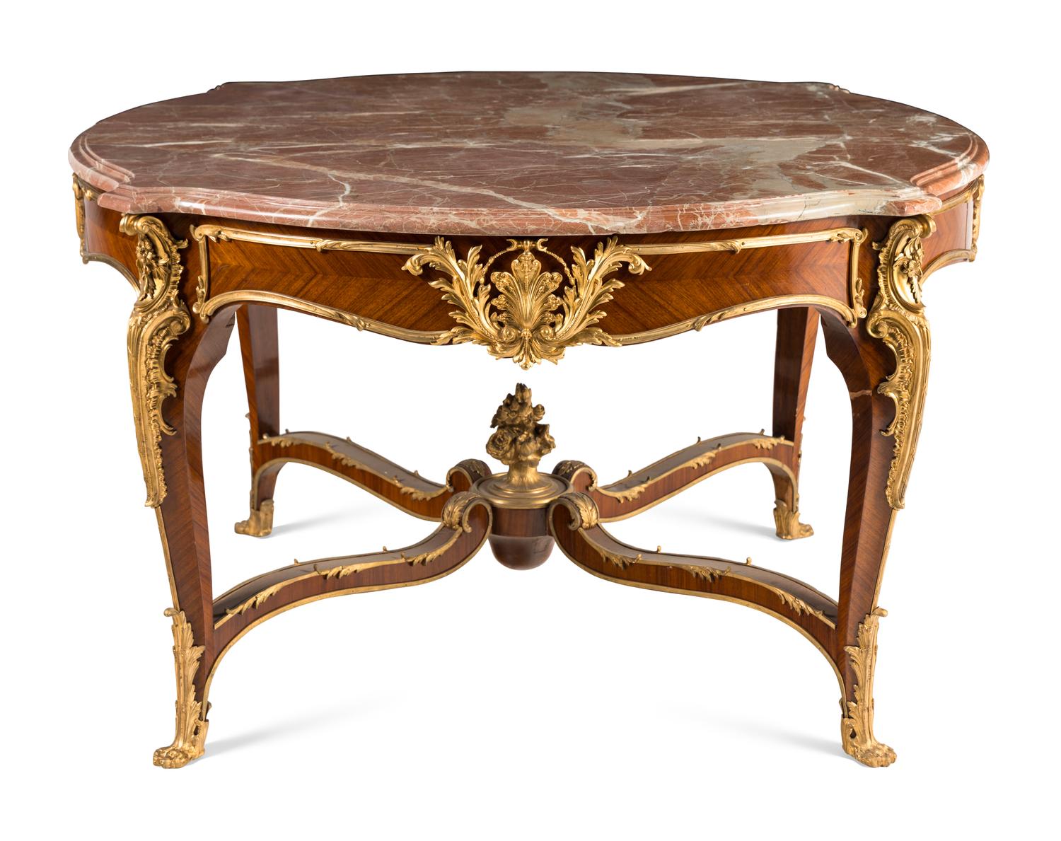 A Louis XV Style Gilt Bronze Mounted Parquetry Marble-Top Center Table