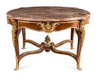 A Louis XV Style Gilt Bronze Mounted Parquetry Marble-Top Center Table
