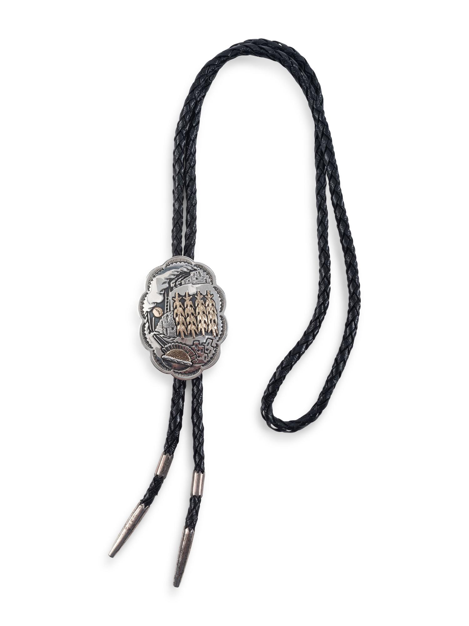 Hopi Silver Overlay Pueblo Scene Bolo Tie, with 14K Gold Accents