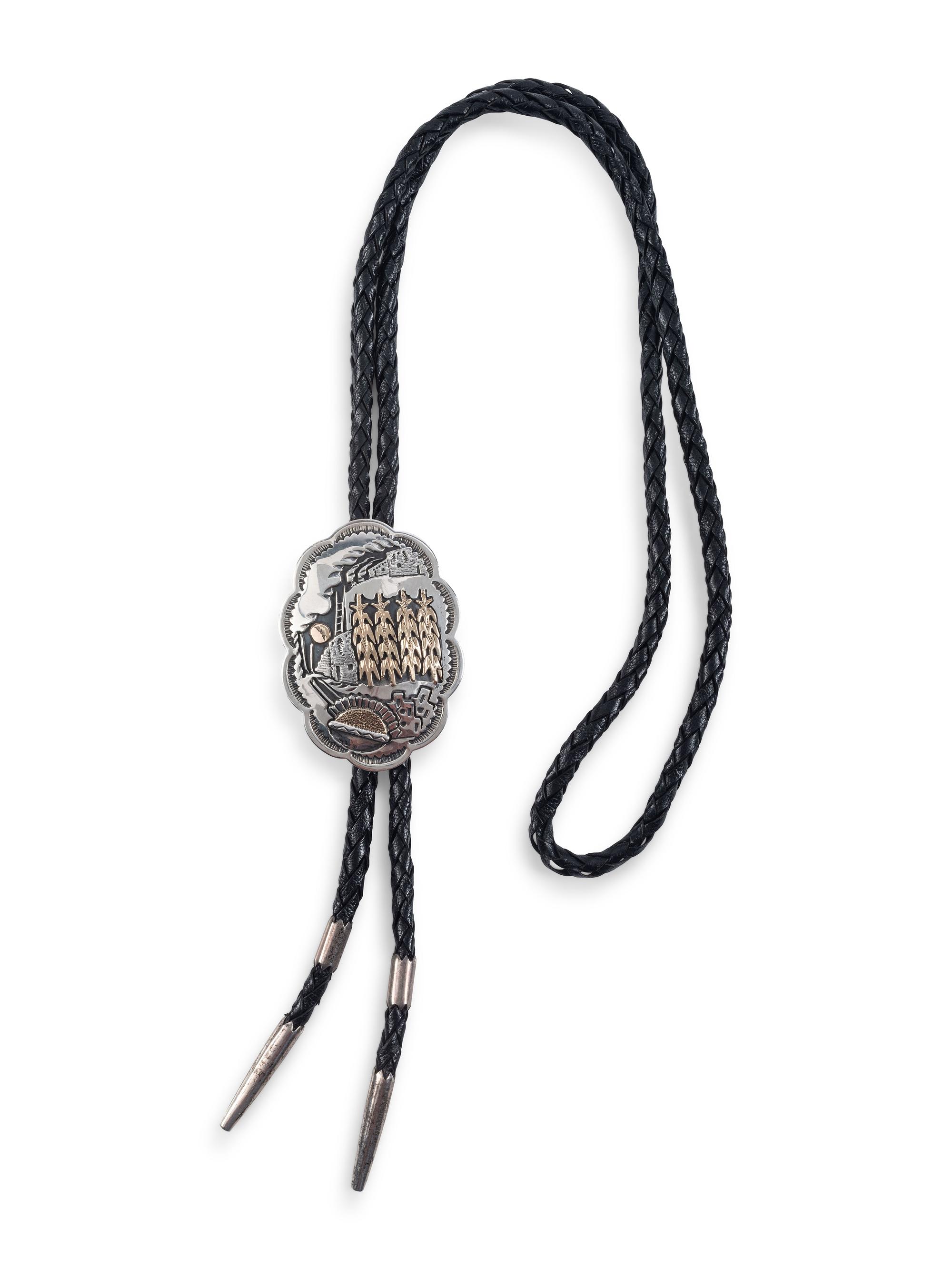 Hopi Silver Overlay Pueblo Scene Bolo Tie, with 14K Gold Accents