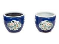 A Pair of Chinese Export Blue Ground Jardinieres with Fan-shaped Figural Scenes — 20TH CENTURY