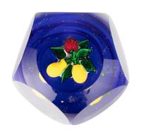 A Miniature Ronald Hansen Bundle of Fruit on Cobalt Ground Faceted Glass Paperweight