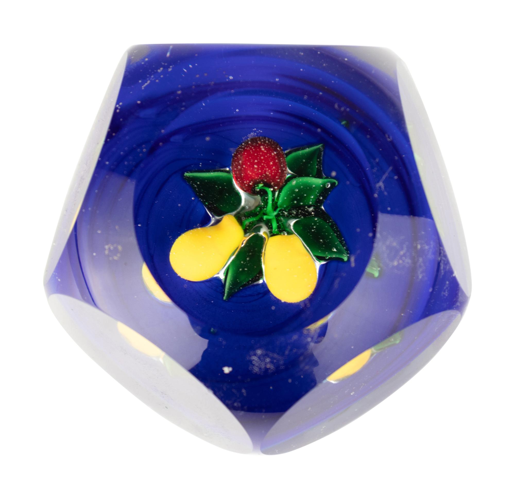 A Miniature Ronald Hansen Bundle of Fruit on Cobalt Ground Faceted Glass Paperweight
